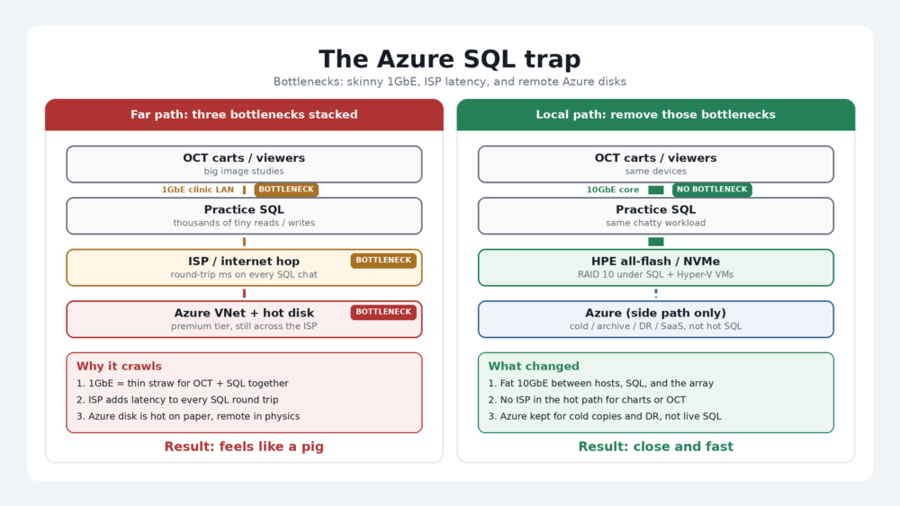 Diagram calling out three bottlenecks: skinny 1GbE, ISP latency, and remote Azure disk, versus local 10Gb and HPE flash