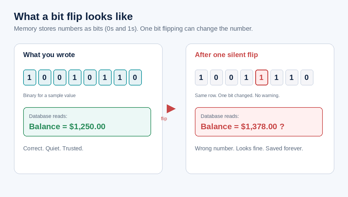 Diagram: correct database balance versus a silent bit flip that changes the number with no warning