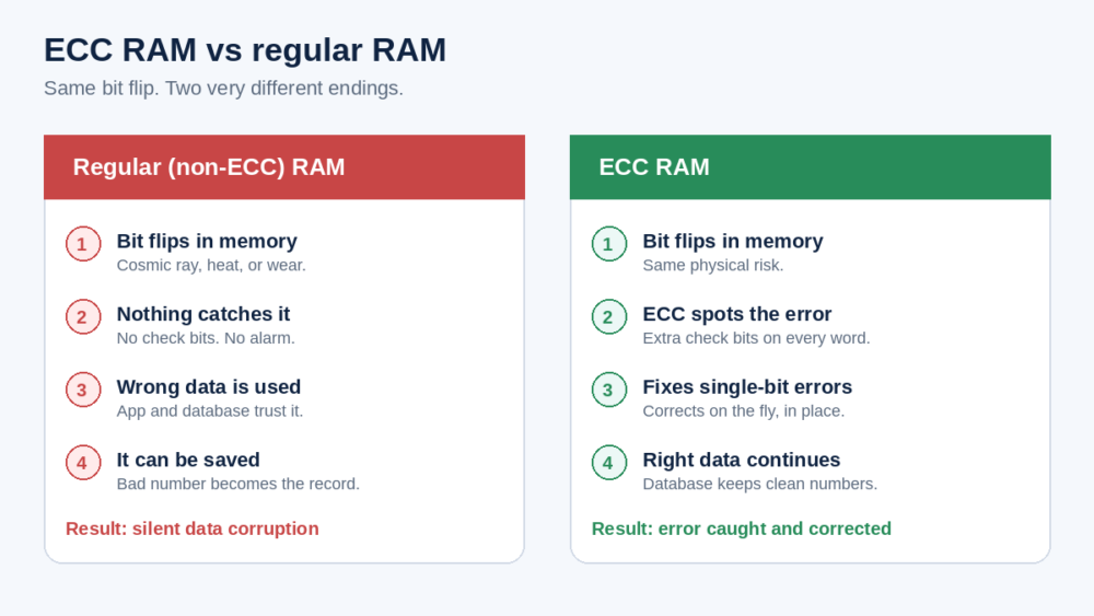 Side-by-side diagram: regular RAM lets a bit flip become silent corruption; ECC detects and corrects single-bit errors