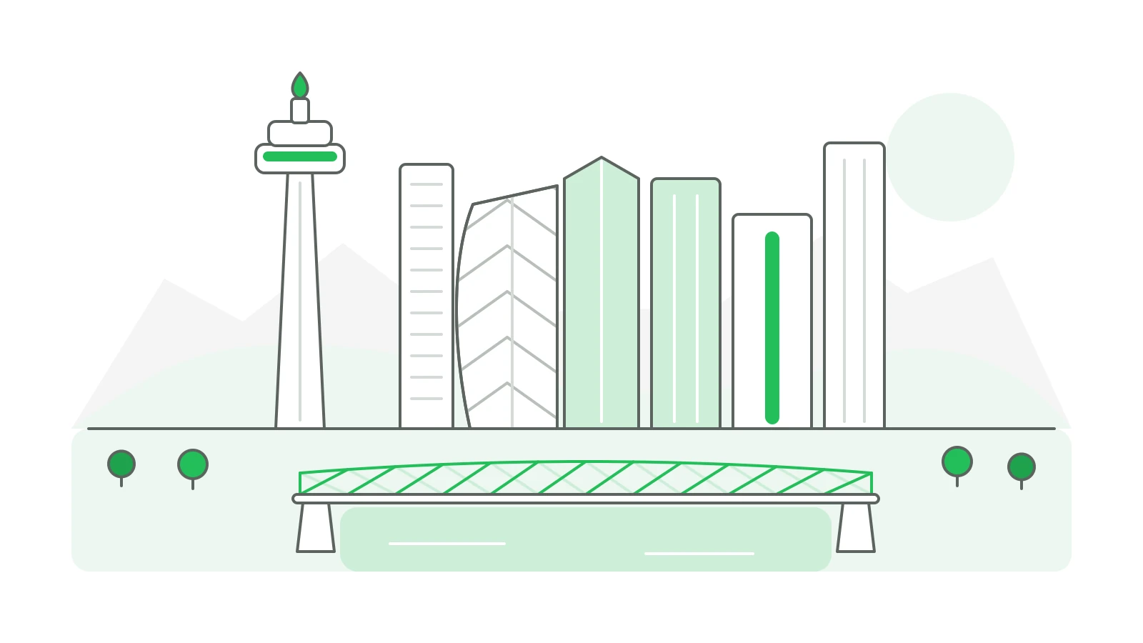 Line drawing of the Calgary skyline with the Calgary Tower, downtown towers and the Peace Bridge
