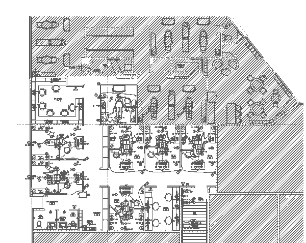 Redacted power systems drawing from a dental clinic expansion we completed, showing outlet and data locations around each operatory