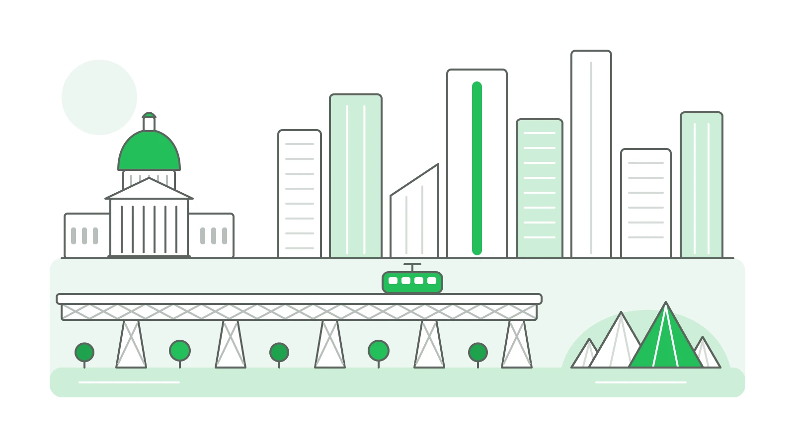 Line drawing of the Edmonton skyline with the Alberta Legislature, the High Level Bridge streetcar and the Muttart Conservatory pyramids