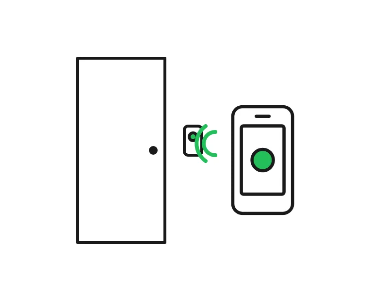 Line drawing of a phone tapped at a door reader with green signal waves
