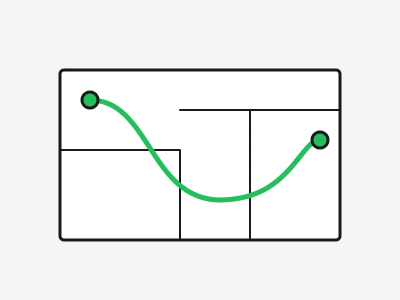 Line drawing of a floor plan with a green cable run between two points