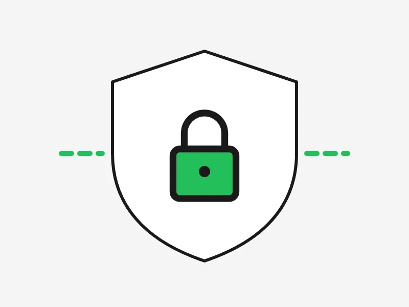 Line drawing of a shield with a green padlock