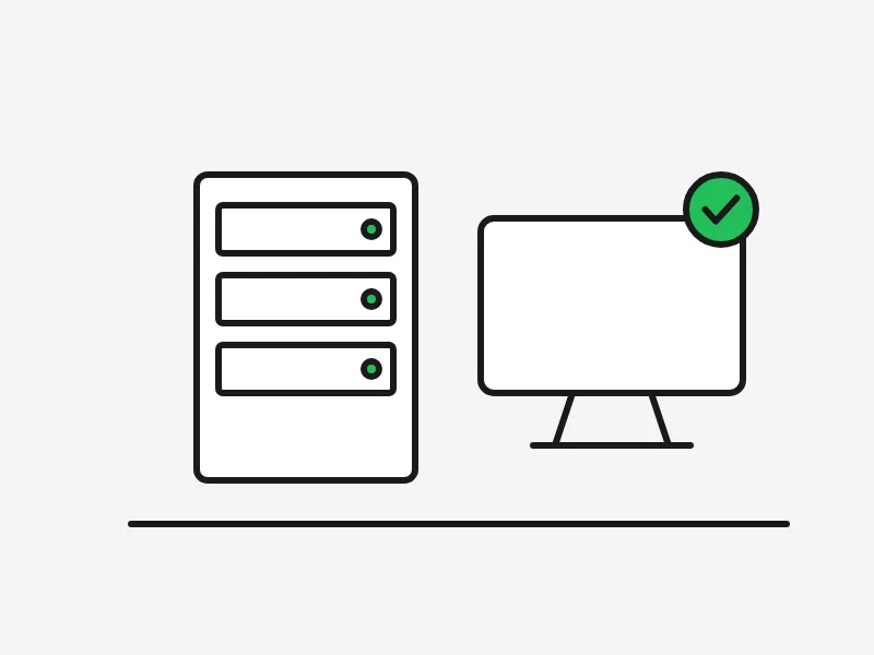 Line drawing of a server and a monitor with a green check