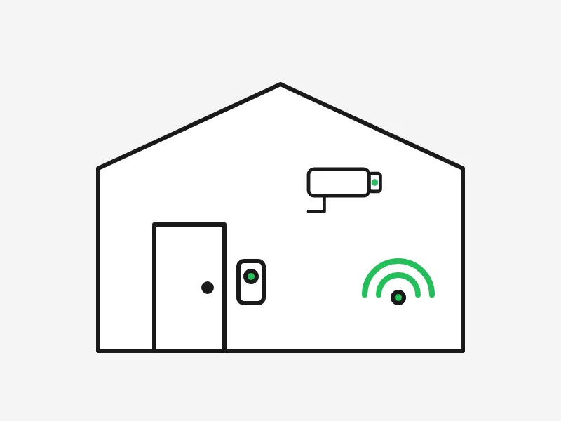 Line drawing of a building with a door reader, a camera and a green Wi-Fi signal