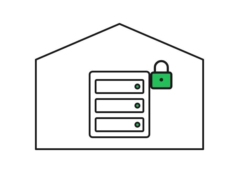 Line drawing of a recorder inside a building outline with a green padlock, for storage you own