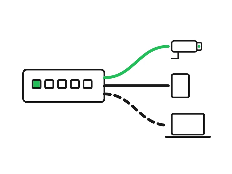 Line drawing of a network switch with three separate lanes running to a camera, a door controller and a laptop