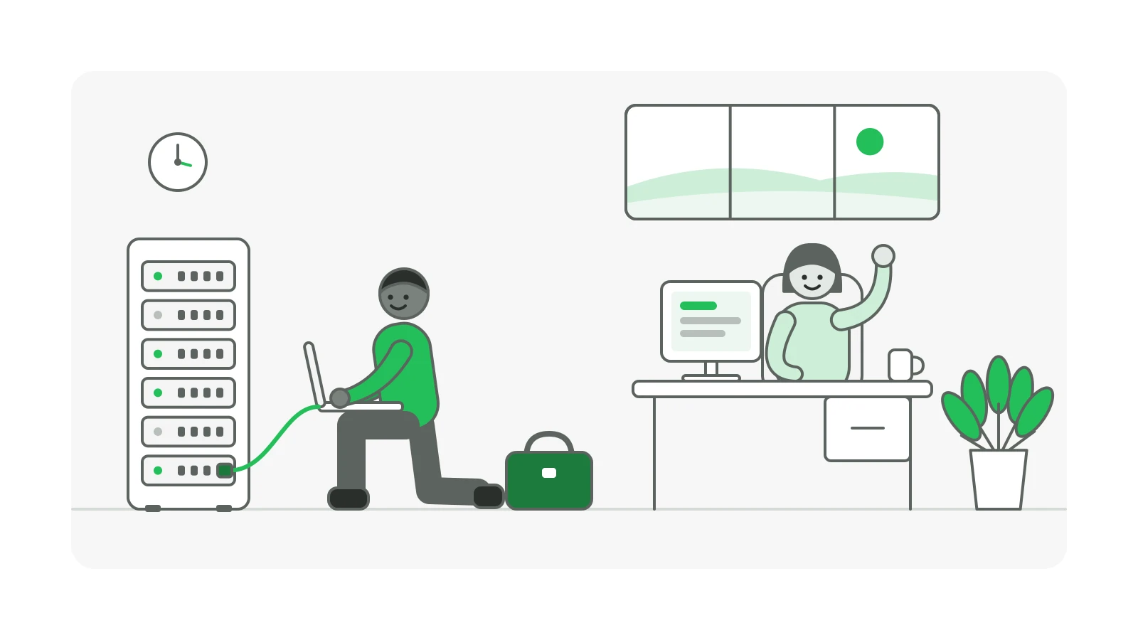 Illustration of a Benson Hunt technician working at an office server rack while a staff member waves from her desk