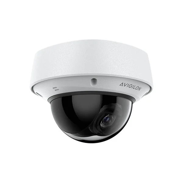 Avigilon dome camera, white housing with a dark lens bubble
