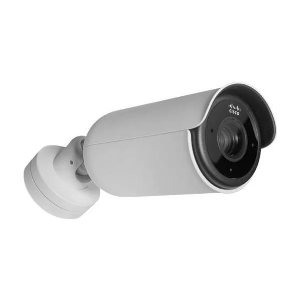 Cisco Meraki outdoor bullet camera, white housing on a wall bracket