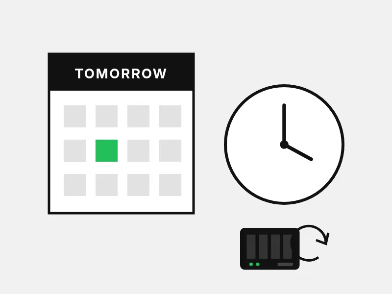 A calendar marked tomorrow, a clock, and a recorder with a loop arrow